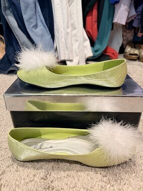 Tinkerbell Ellie Lime Green Velvet Ballet Flats with White Pom